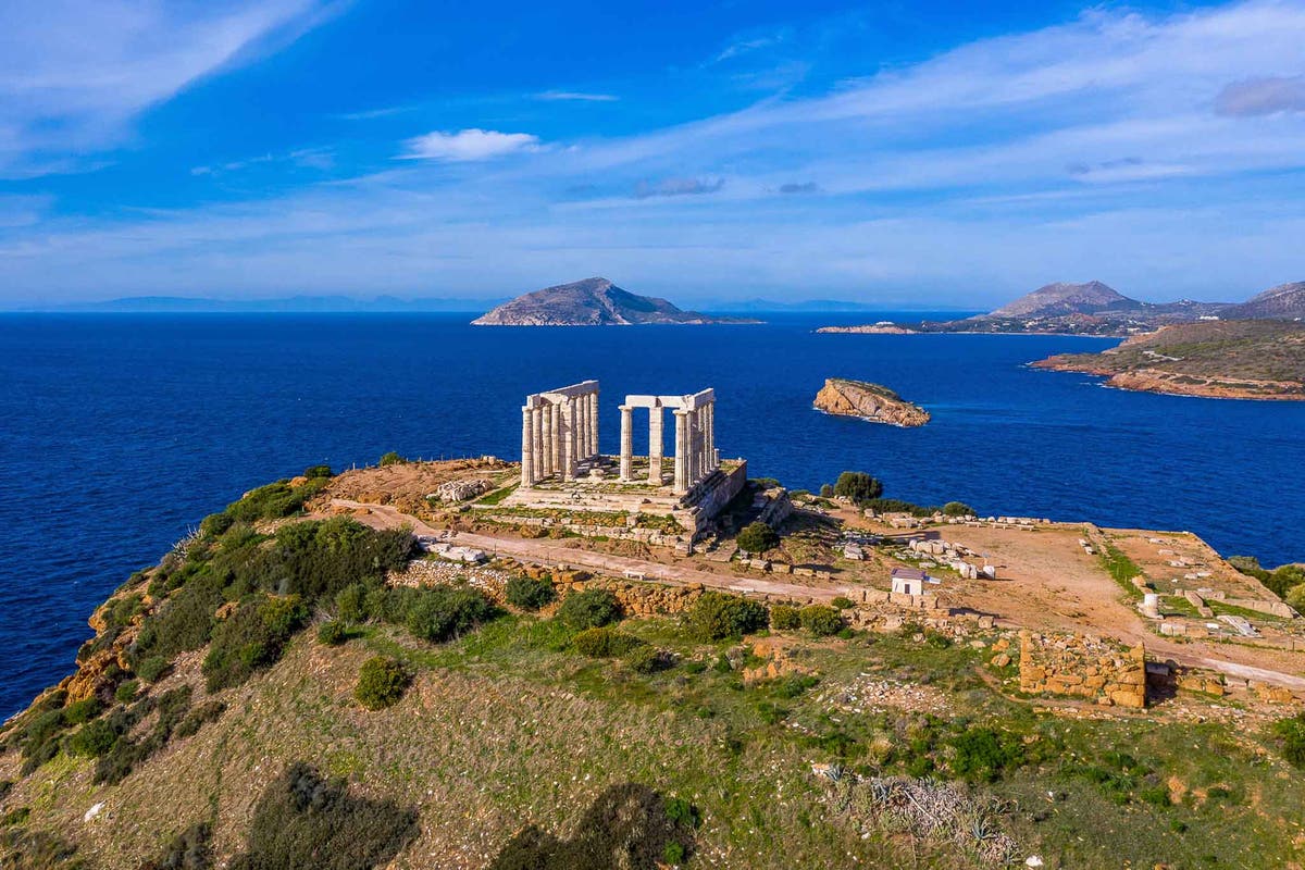 Temple of Poseidon at Cape Sounio aerial view